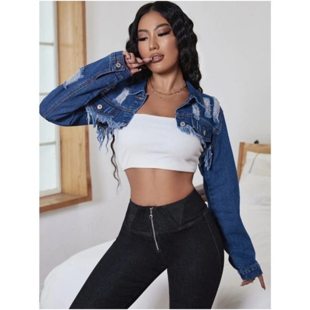 New Thrill Jeans Women's Plus 2X Distressed Acid Wash Cropped Denim‎ Jacket